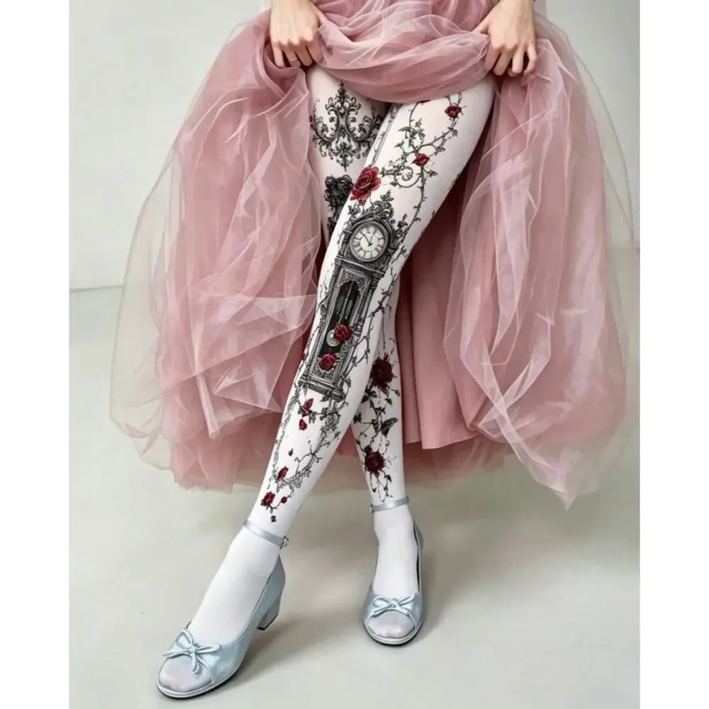 NWT Antique Clock Floral Butterfly Gothic Fairy Print Tights